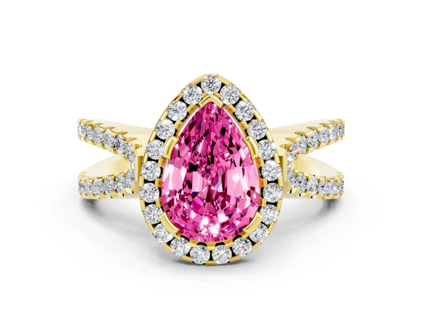 Yellow gold Pear Cut Pink Sapphire Halo Ring with Split Shank Pavé Band and Prong Setting