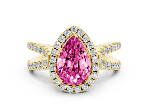 Yellow gold Pear Cut Pink Sapphire Halo Ring with Split Shank Pavé Band and Prong Setting_12