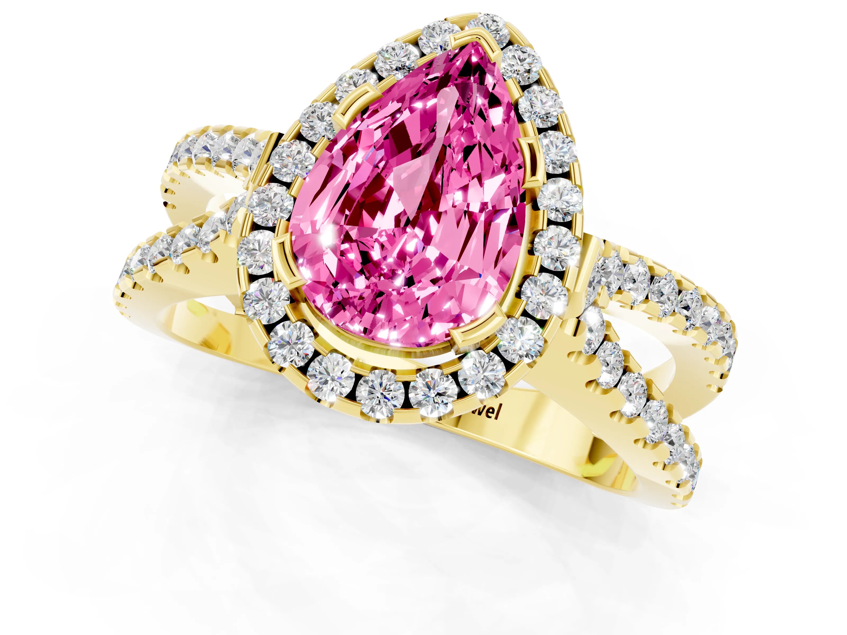 Yellow gold Pear Cut Pink Sapphire Halo Ring with Split Shank Pavé Band and Prong Setting_13