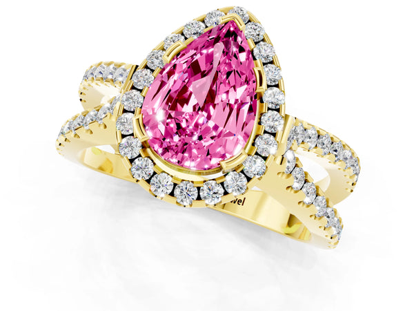 Yellow gold Pear Cut Pink Sapphire Halo Ring with Split Shank Pavé Band and Prong Setting