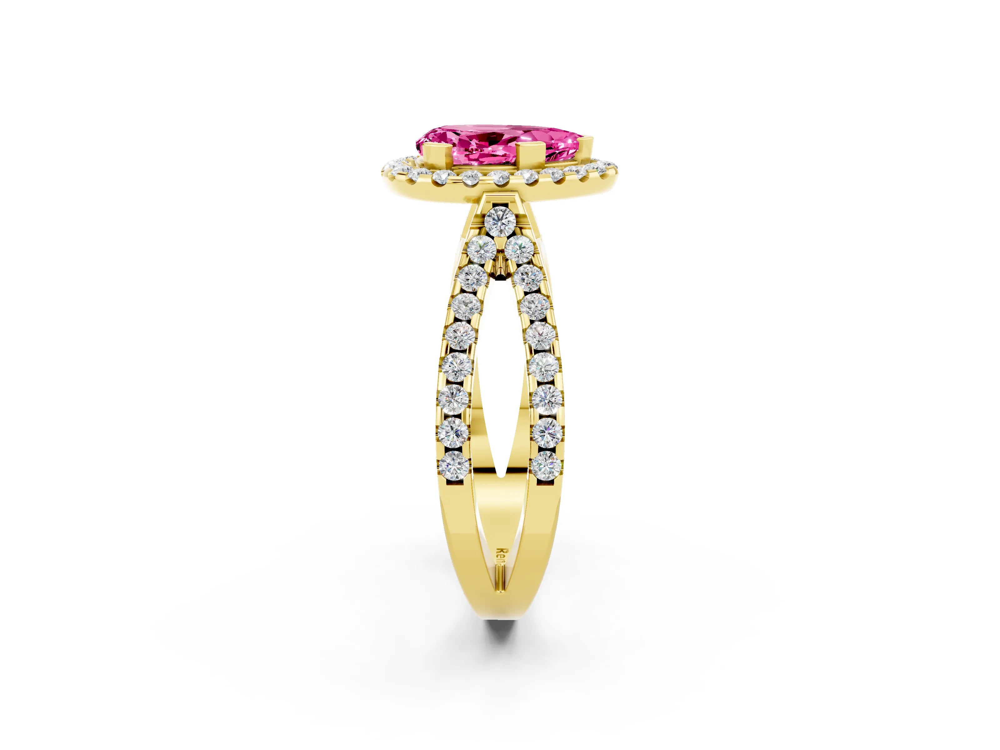 Yellow gold Pear Cut Pink Sapphire Halo Ring with Split Shank Pavé Band and Prong Setting_14