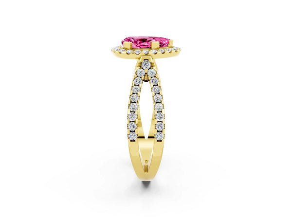 Yellow gold Pear Cut Pink Sapphire Halo Ring with Split Shank Pavé Band and Prong Setting