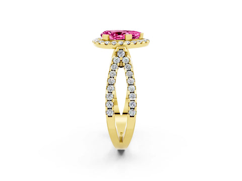 Yellow gold Pear Cut Pink Sapphire Halo Ring with Split Shank Pavé Band and Prong Setting_14