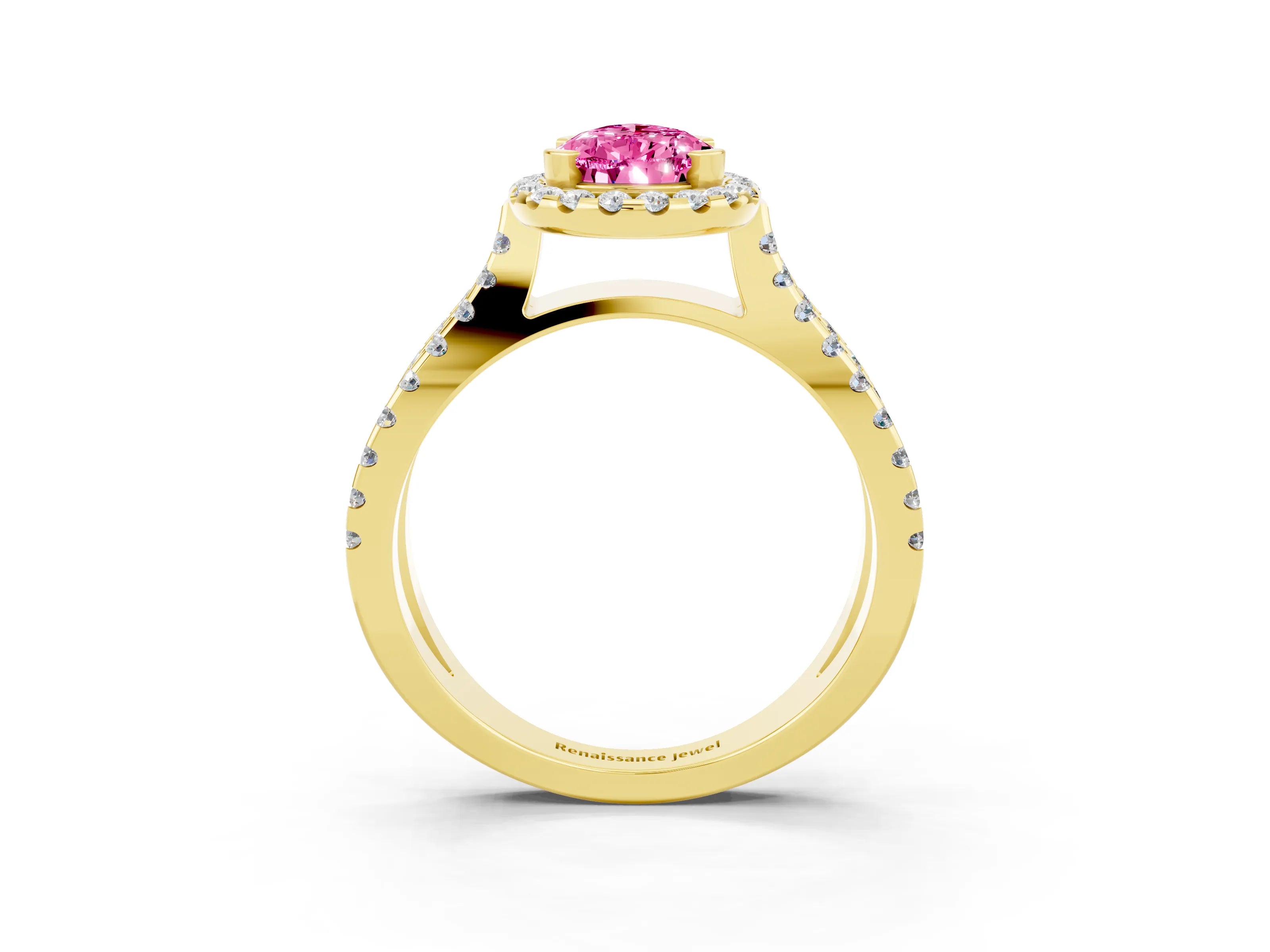 Yellow gold Pear Cut Pink Sapphire Halo Ring with Split Shank Pavé Band and Prong Setting_15