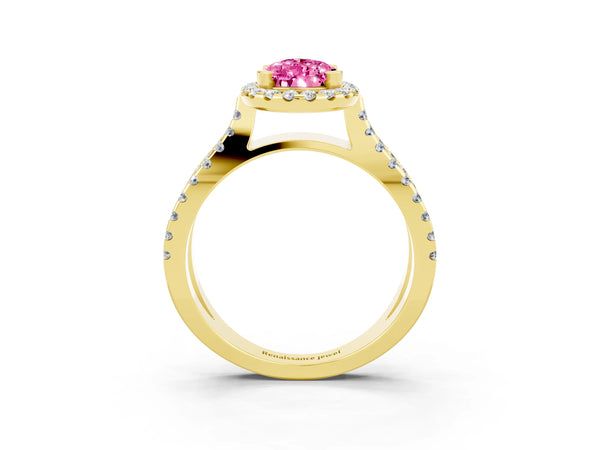 Yellow gold Pear Cut Pink Sapphire Halo Ring with Split Shank Pavé Band and Prong Setting
