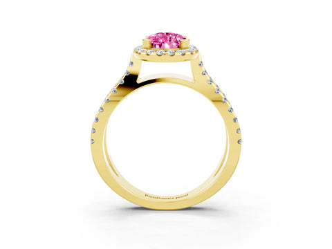 Yellow gold Pear Cut Pink Sapphire Halo Ring with Split Shank Pavé Band and Prong Setting_15