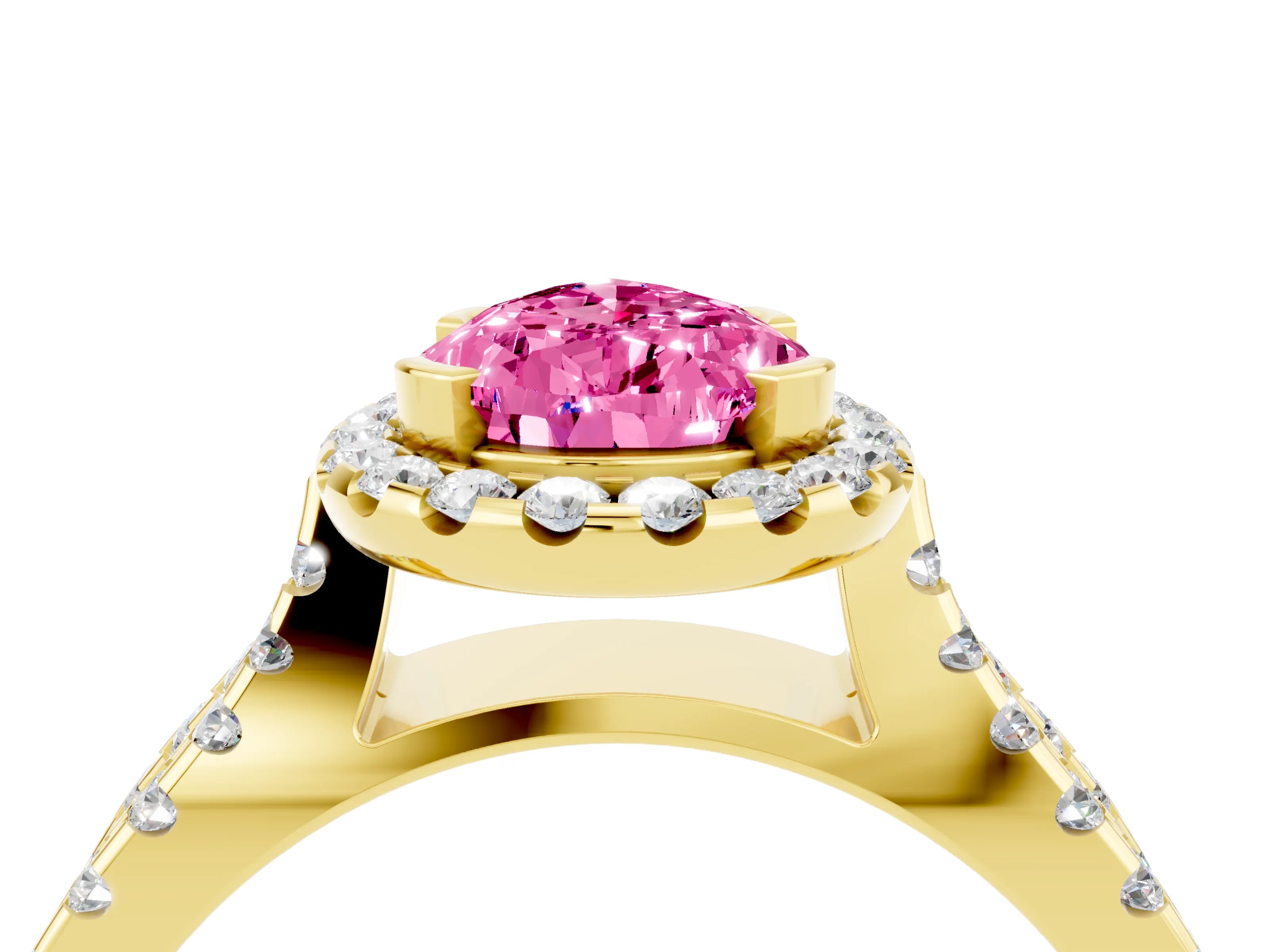 Yellow gold Pear Cut Pink Sapphire Halo Ring with Split Shank Pavé Band and Prong Setting_16