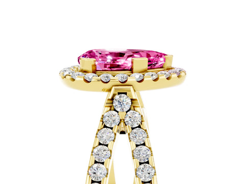 Yellow gold Pear Cut Pink Sapphire Halo Ring with Split Shank Pavé Band and Prong Setting_17