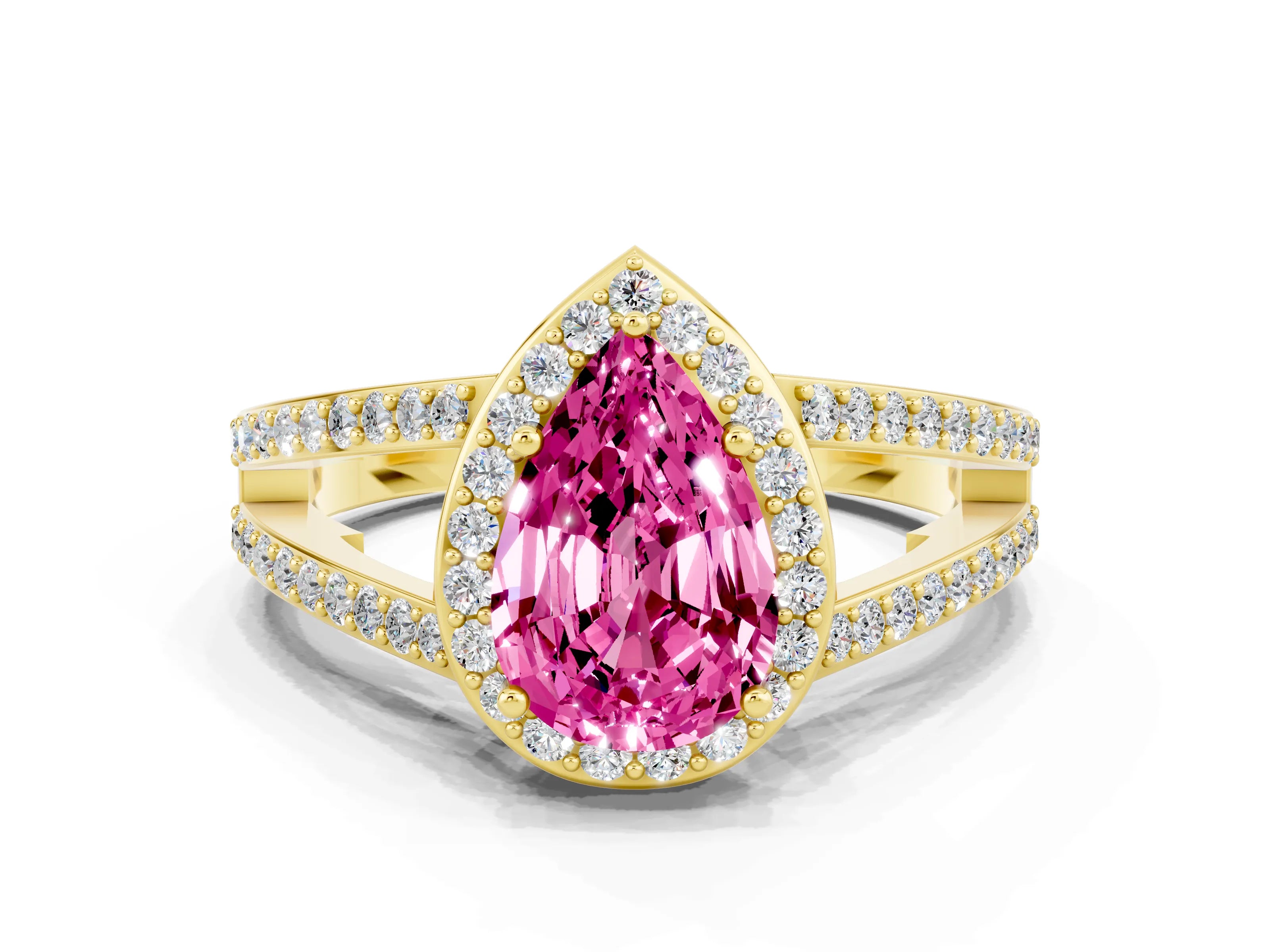 Yellow gold Pear Cut Pink Sapphire Halo Ring with Split Shank U-Prong Band and Four-Prong Setting