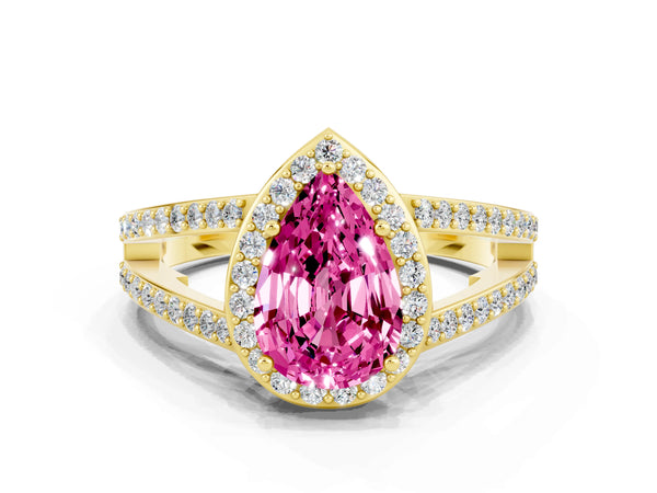 Yellow gold Pear Cut Pink Sapphire Halo Ring with Split Shank U-Prong Band and Four-Prong Setting
