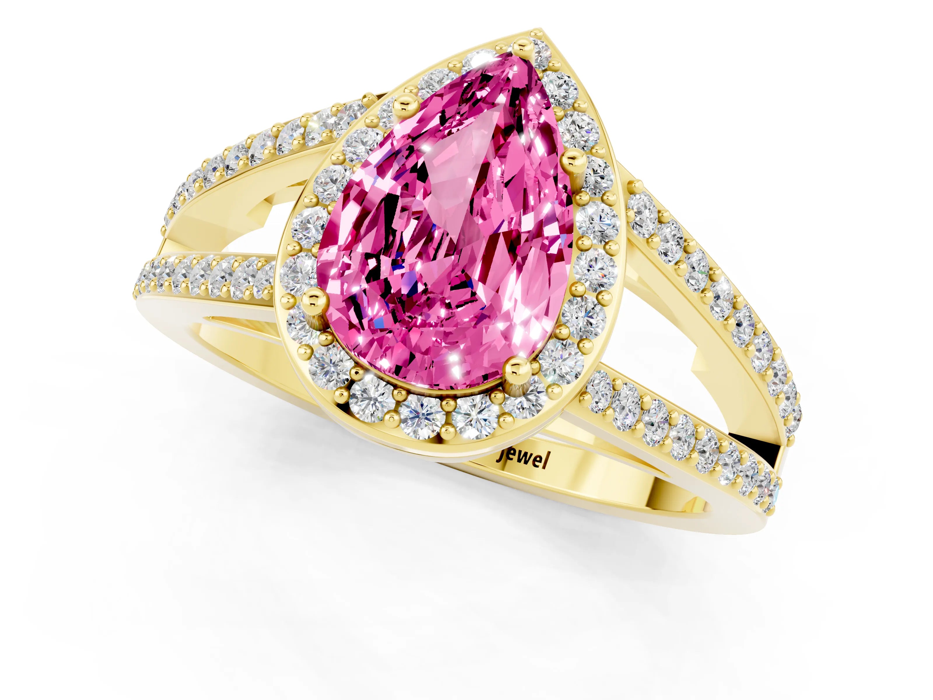 Yellow gold Pear Cut Pink Sapphire Halo Ring with Split Shank U-Prong Band and Four-Prong Setting_1