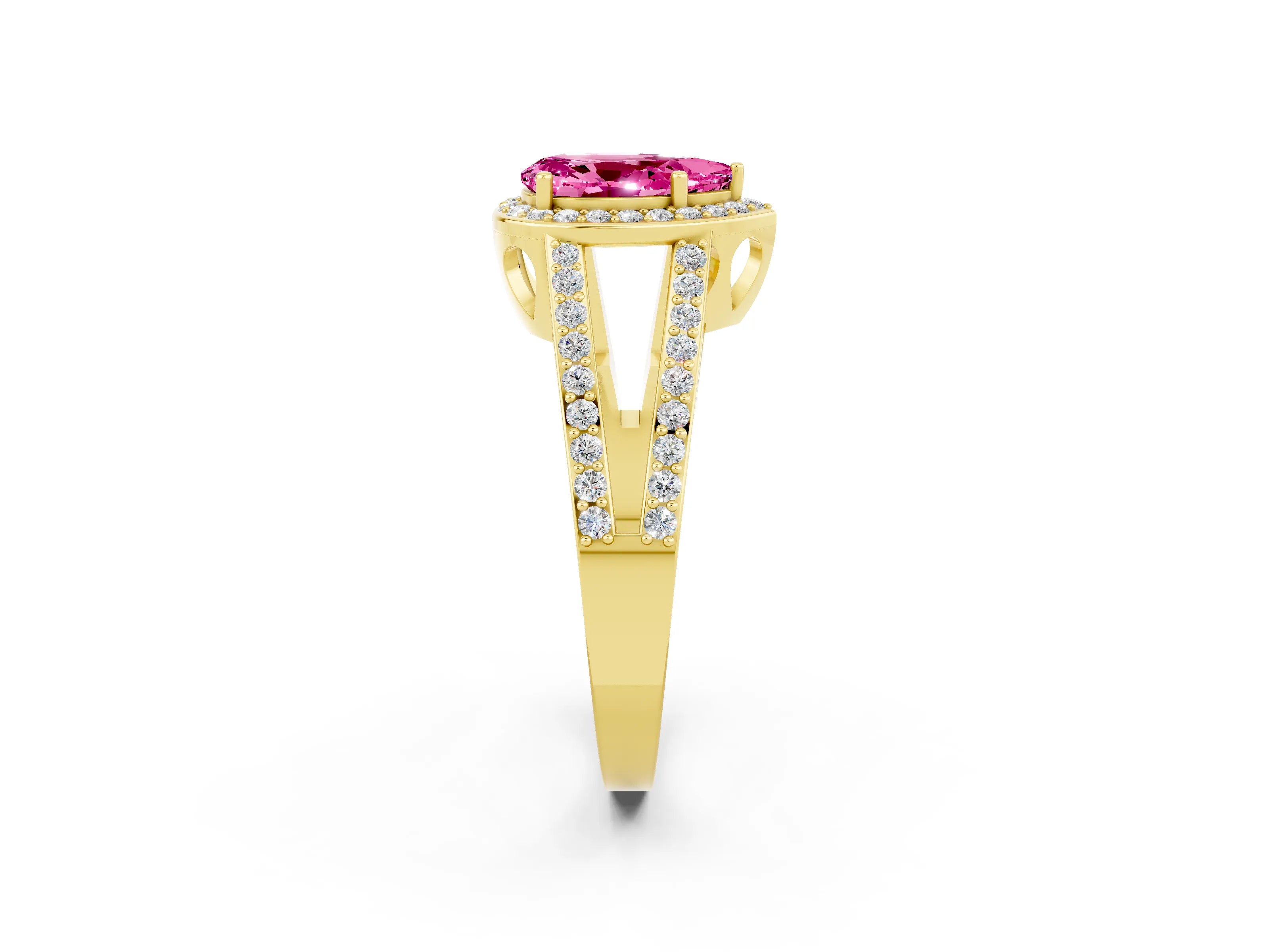 Yellow gold Pear Cut Pink Sapphire Halo Ring with Split Shank U-Prong Band and Four-Prong Setting_2