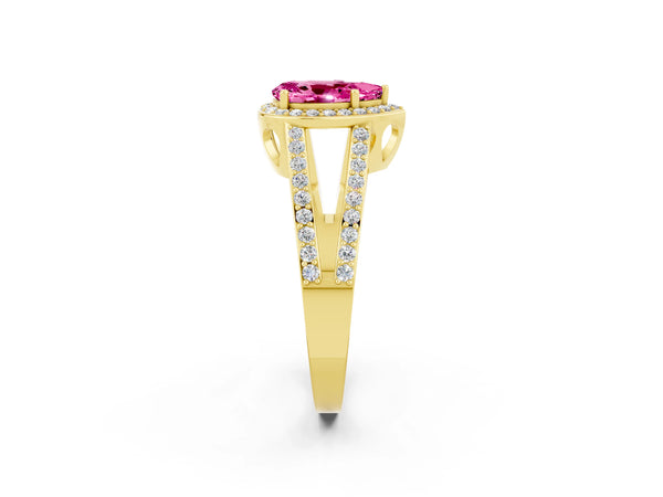 Yellow gold Pear Cut Pink Sapphire Halo Ring with Split Shank U-Prong Band and Four-Prong Setting