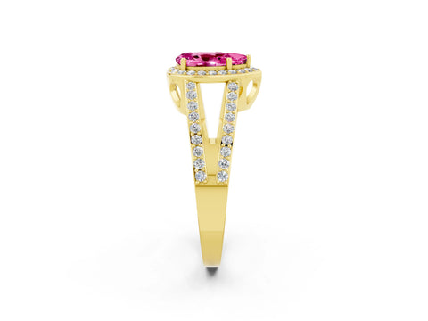 Yellow gold Pear Cut Pink Sapphire Halo Ring with Split Shank U-Prong Band and Four-Prong Setting_2