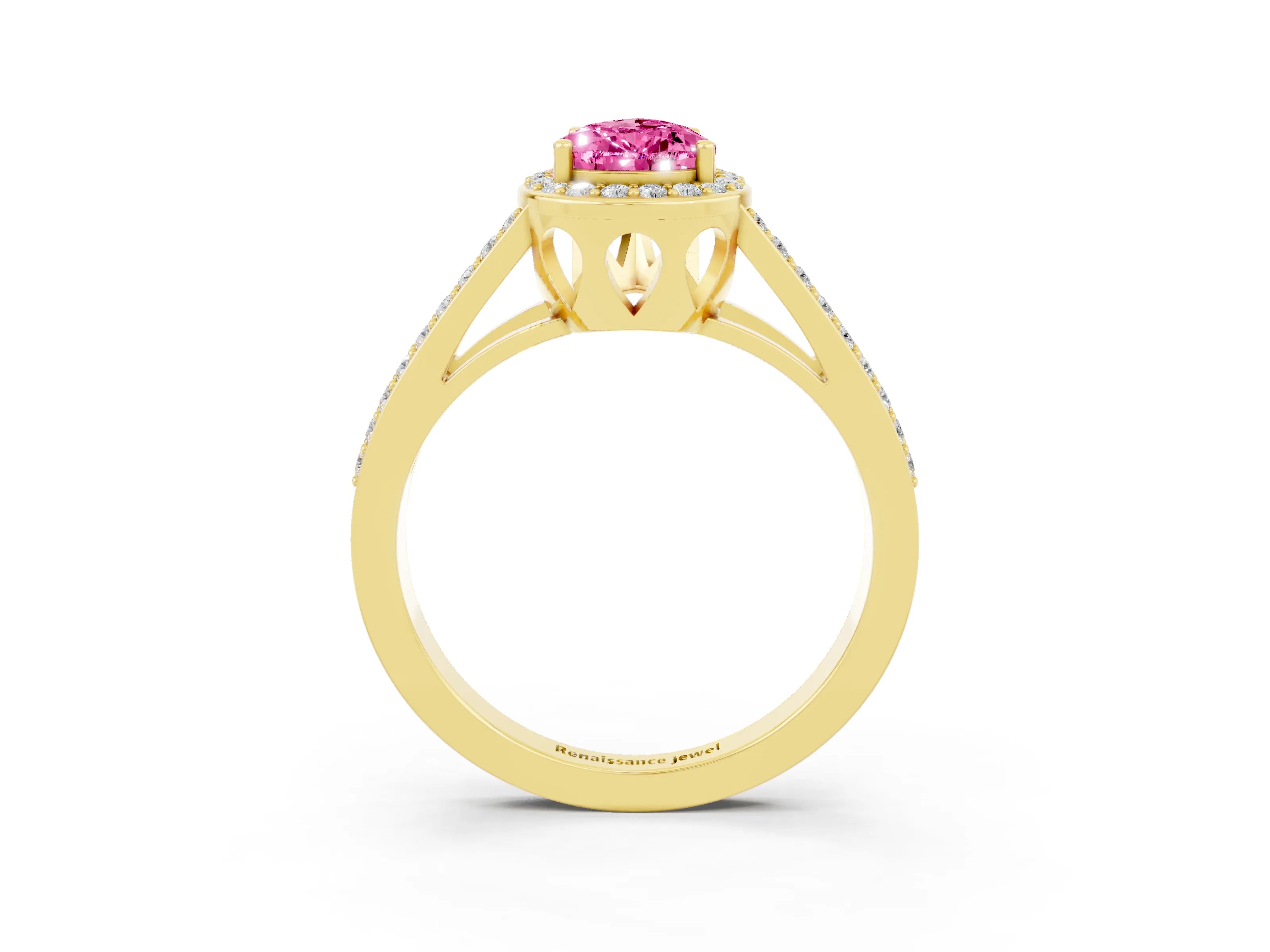 Yellow gold Pear Cut Pink Sapphire Halo Ring with Split Shank U-Prong Band and Four-Prong Setting_3