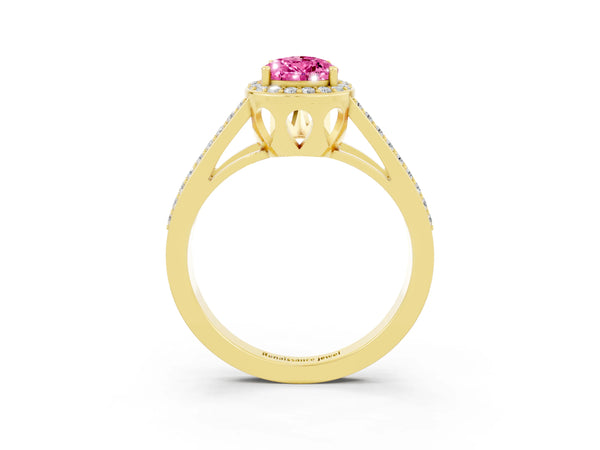 Yellow gold Pear Cut Pink Sapphire Halo Ring with Split Shank U-Prong Band and Four-Prong Setting