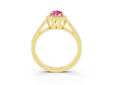 Yellow gold Pear Cut Pink Sapphire Halo Ring with Split Shank U-Prong Band and Four-Prong Setting_3