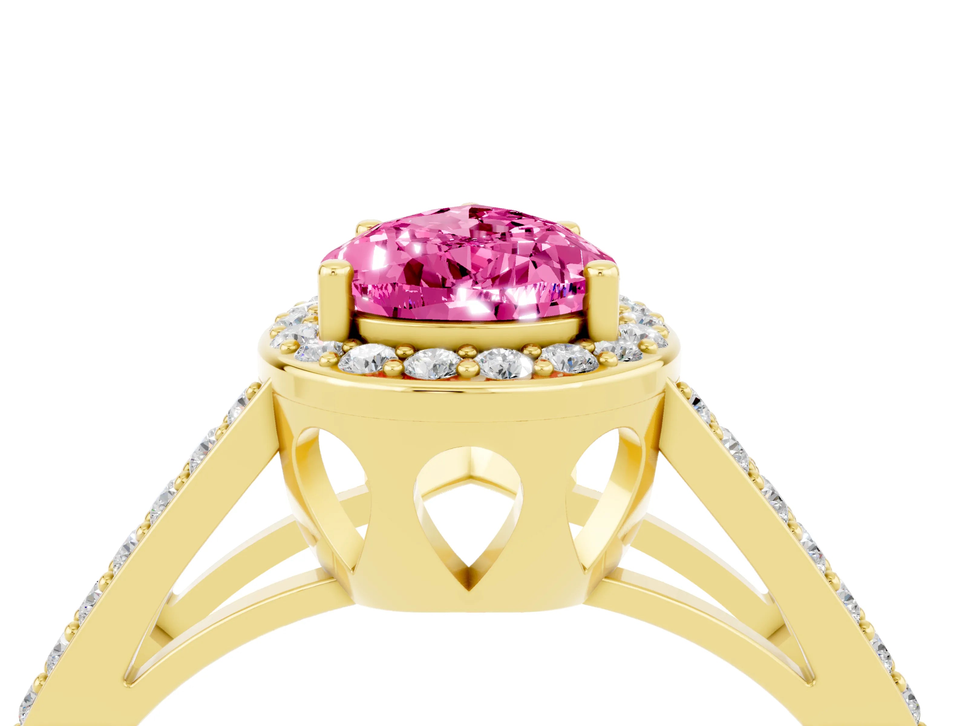 Yellow gold Pear Cut Pink Sapphire Halo Ring with Split Shank U-Prong Band and Four-Prong Setting_4