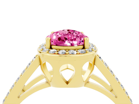 Yellow gold Pear Cut Pink Sapphire Halo Ring with Split Shank U-Prong Band and Four-Prong Setting_4