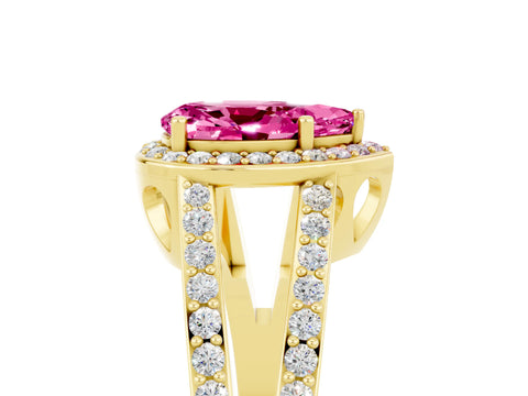 Yellow gold Pear Cut Pink Sapphire Halo Ring with Split Shank U-Prong Band and Four-Prong Setting_5