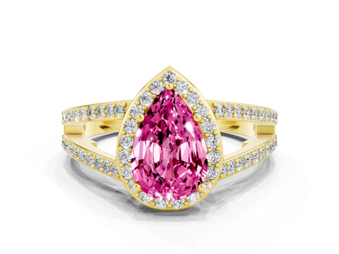Yellow gold Pear Cut Pink Sapphire Halo Ring with Split Shank U-Prong Band and Four-Prong Setting