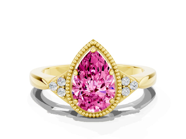 Yellow gold Pear Cut Pink Sapphire Halo Ring with Tapered Band and Four-Prong Setting