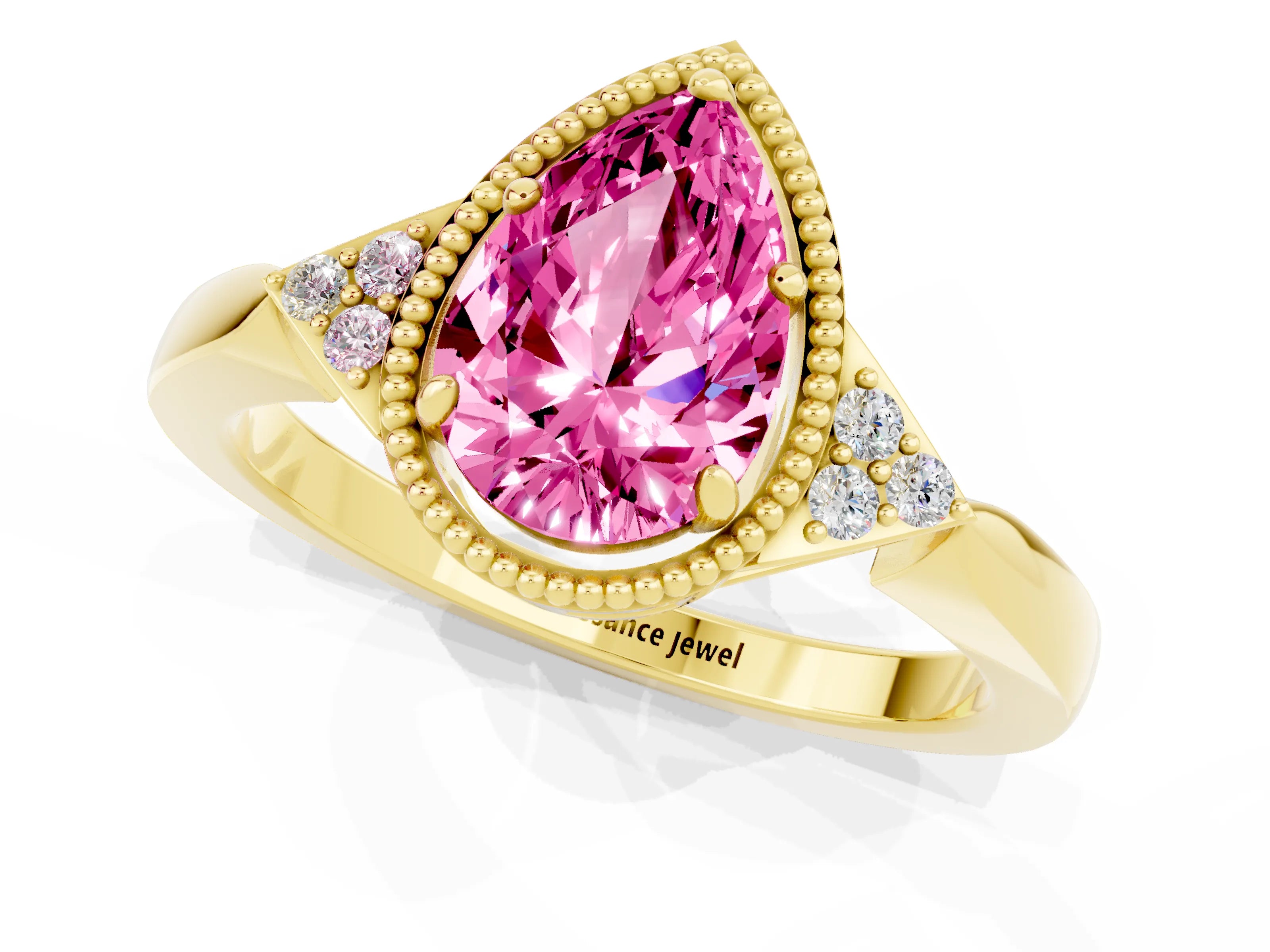 Yellow gold Pear Cut Pink Sapphire Halo Ring with Tapered Band and Four-Prong Setting_1