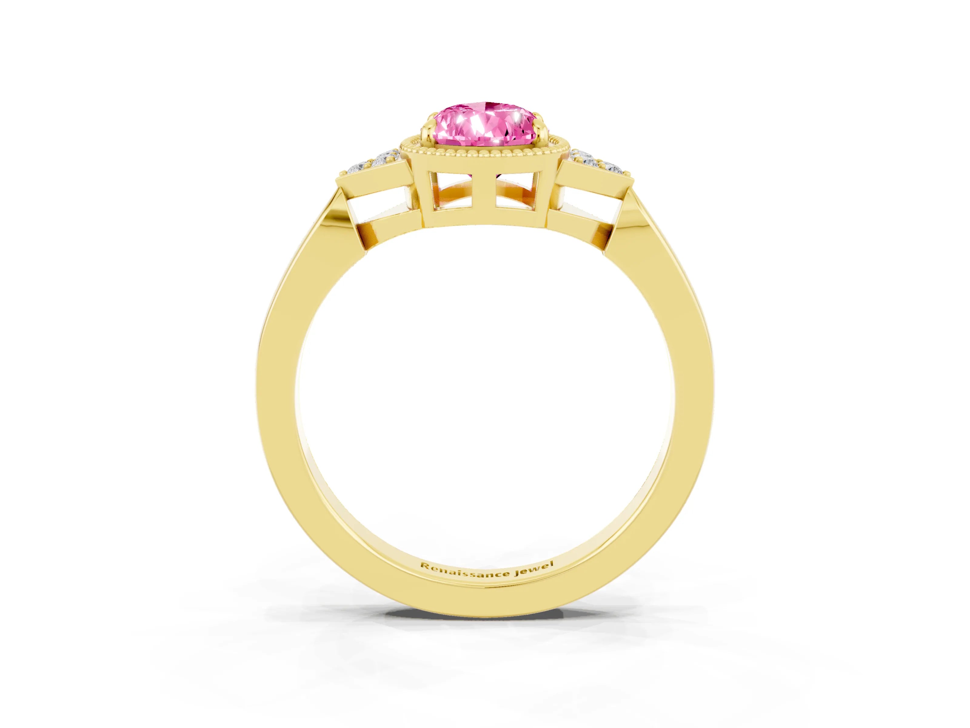 Yellow gold Pear Cut Pink Sapphire Halo Ring with Tapered Band and Four-Prong Setting_3