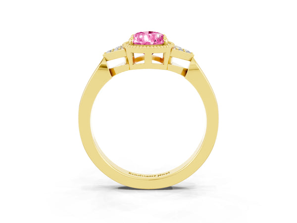 Yellow gold Pear Cut Pink Sapphire Halo Ring with Tapered Band and Four-Prong Setting