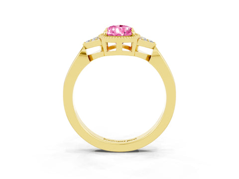Yellow gold Pear Cut Pink Sapphire Halo Ring with Tapered Band and Four-Prong Setting_3