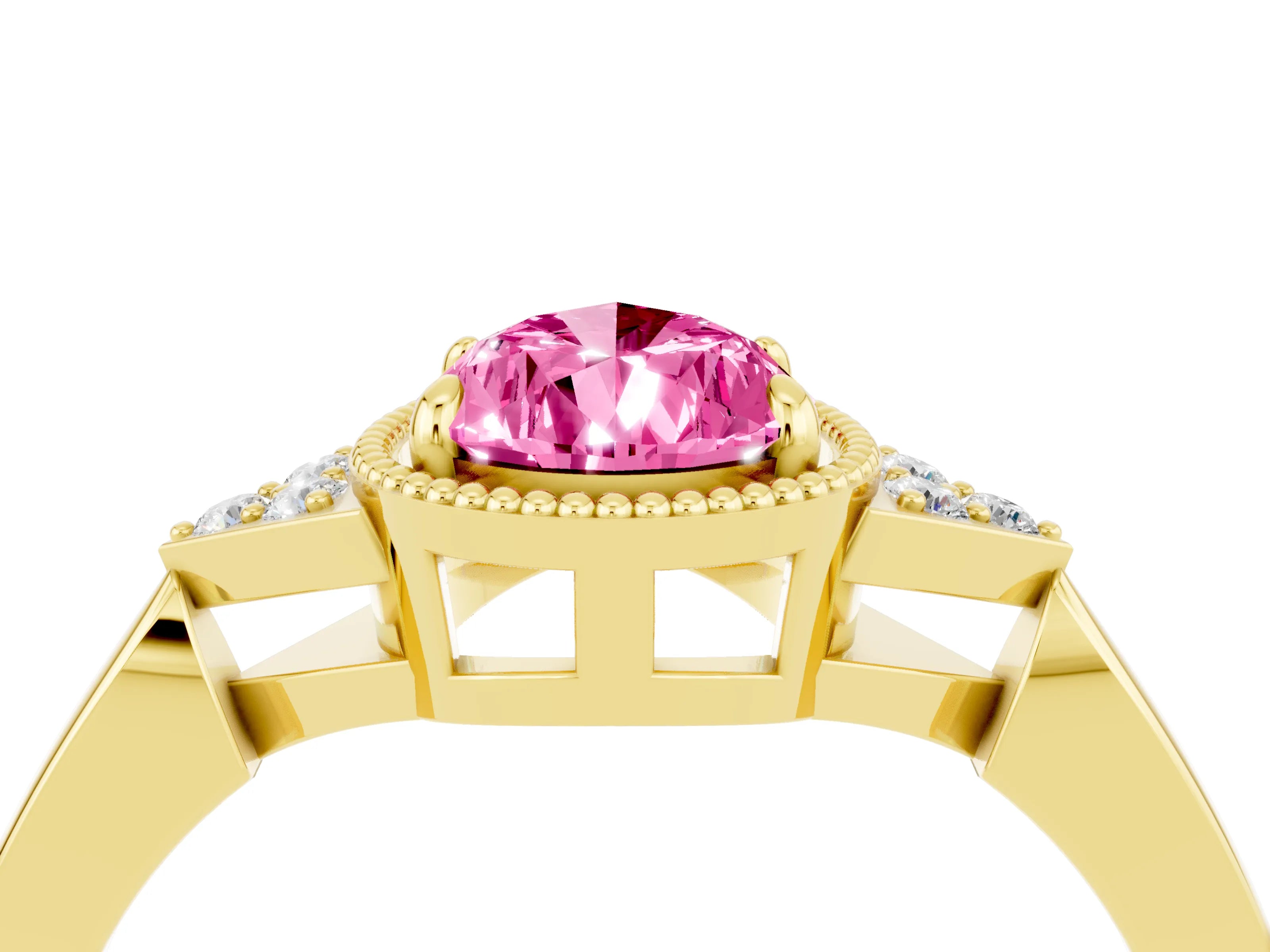 Yellow gold Pear Cut Pink Sapphire Halo Ring with Tapered Band and Four-Prong Setting_4
