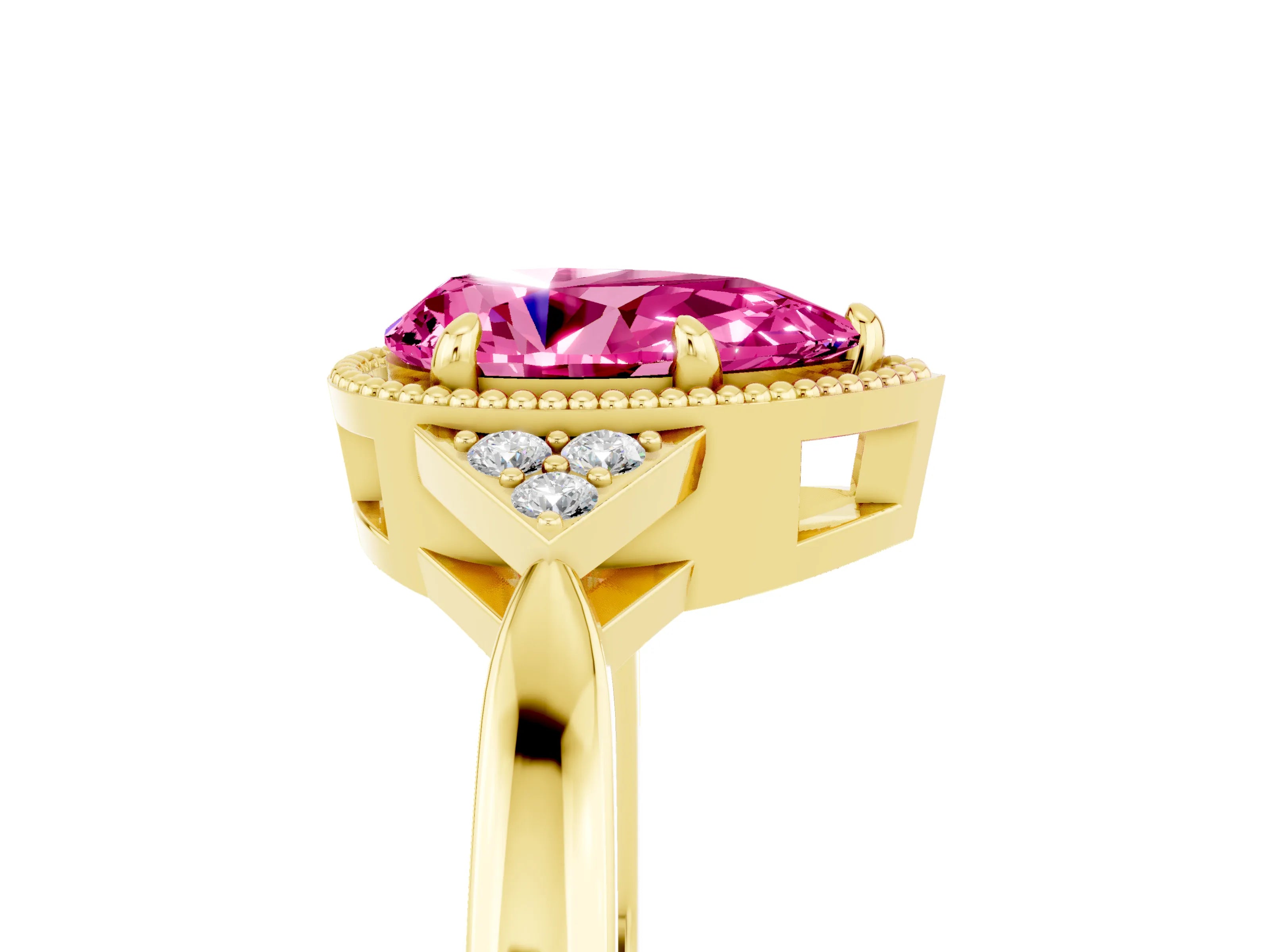 Yellow gold Pear Cut Pink Sapphire Halo Ring with Tapered Band and Four-Prong Setting_5