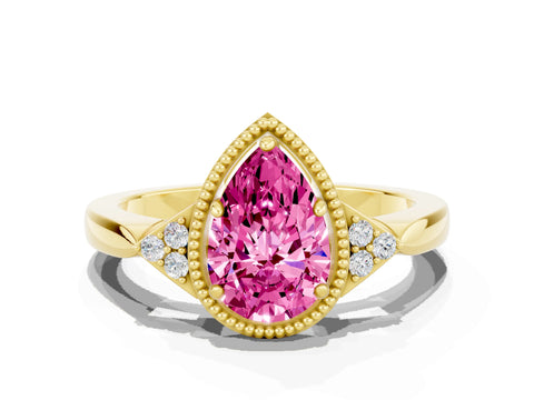 Yellow gold Pear Cut Pink Sapphire Halo Ring with Tapered Band and Four-Prong Setting