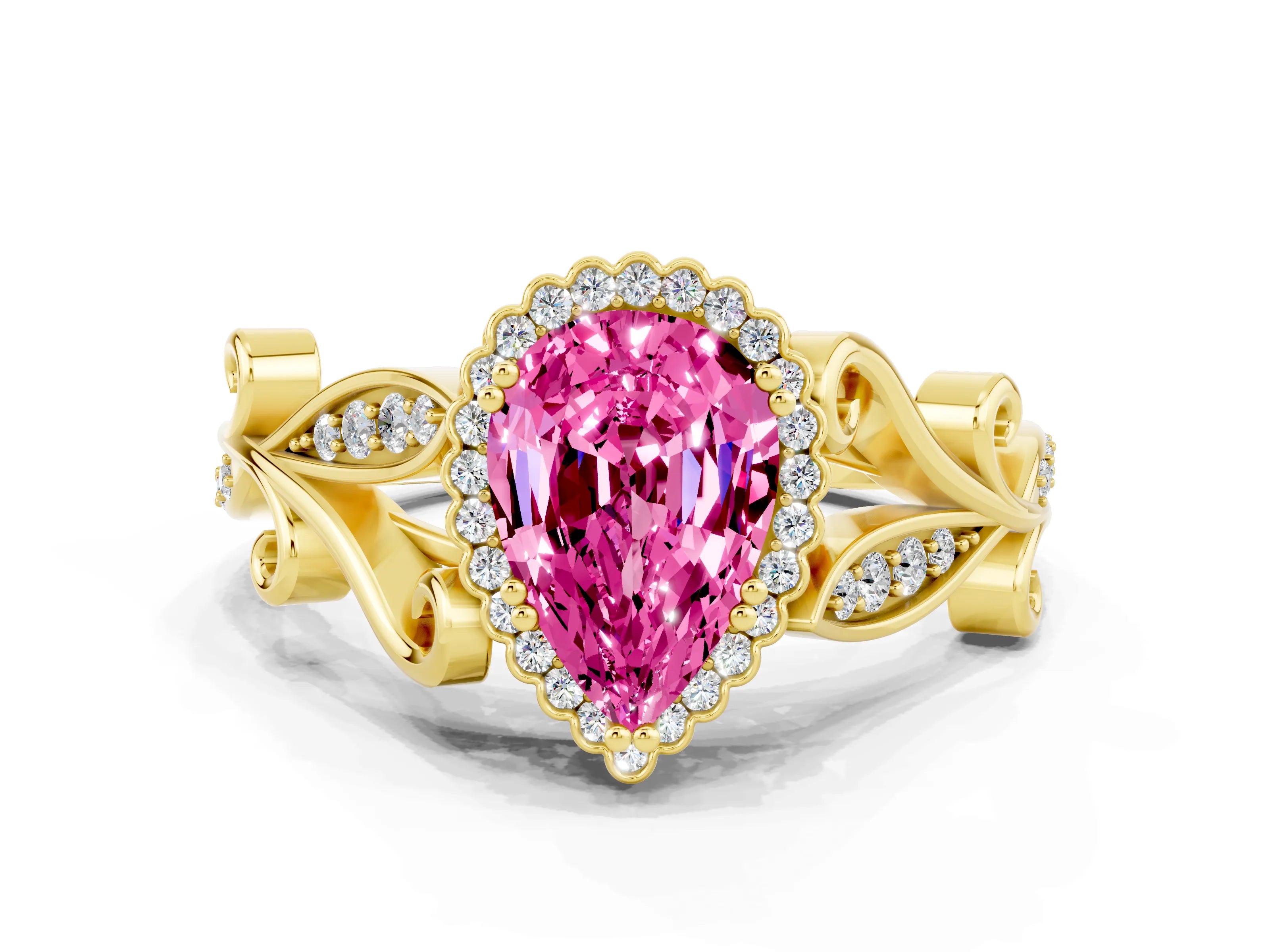 Yellow gold Pear Cut Pink Sapphire Halo Ring with Vintage Split Shank and Four-Prong Setting