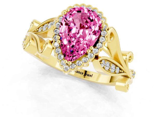 Yellow gold Pear Cut Pink Sapphire Halo Ring with Vintage Split Shank and Four-Prong Setting