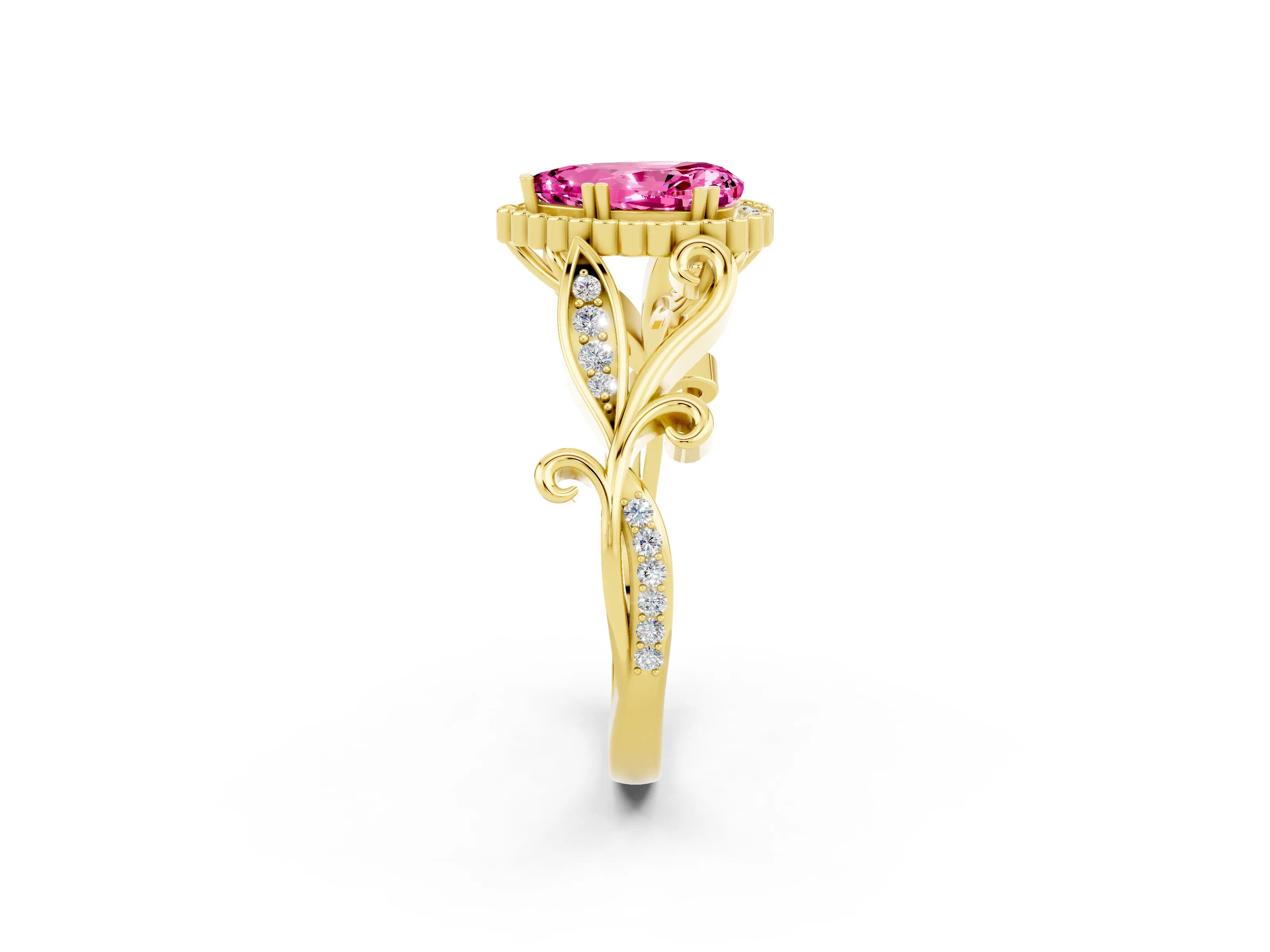 Yellow gold Pear Cut Pink Sapphire Halo Ring with Vintage Split Shank and Four-Prong Setting_2
