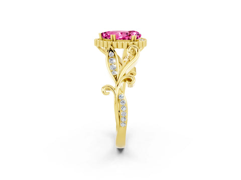 Yellow gold Pear Cut Pink Sapphire Halo Ring with Vintage Split Shank and Four-Prong Setting_2