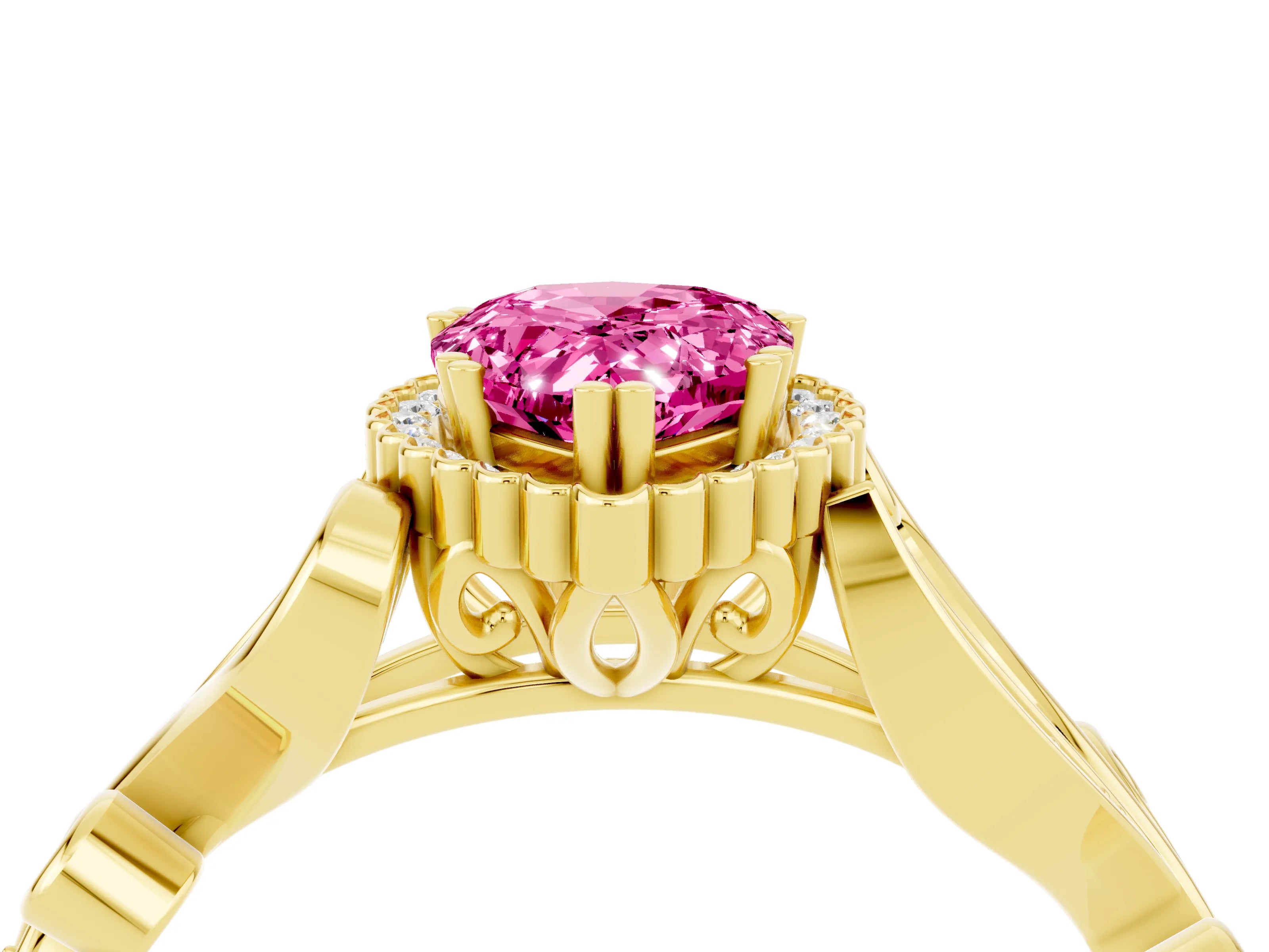Yellow gold Pear Cut Pink Sapphire Halo Ring with Vintage Split Shank and Four-Prong Setting_4