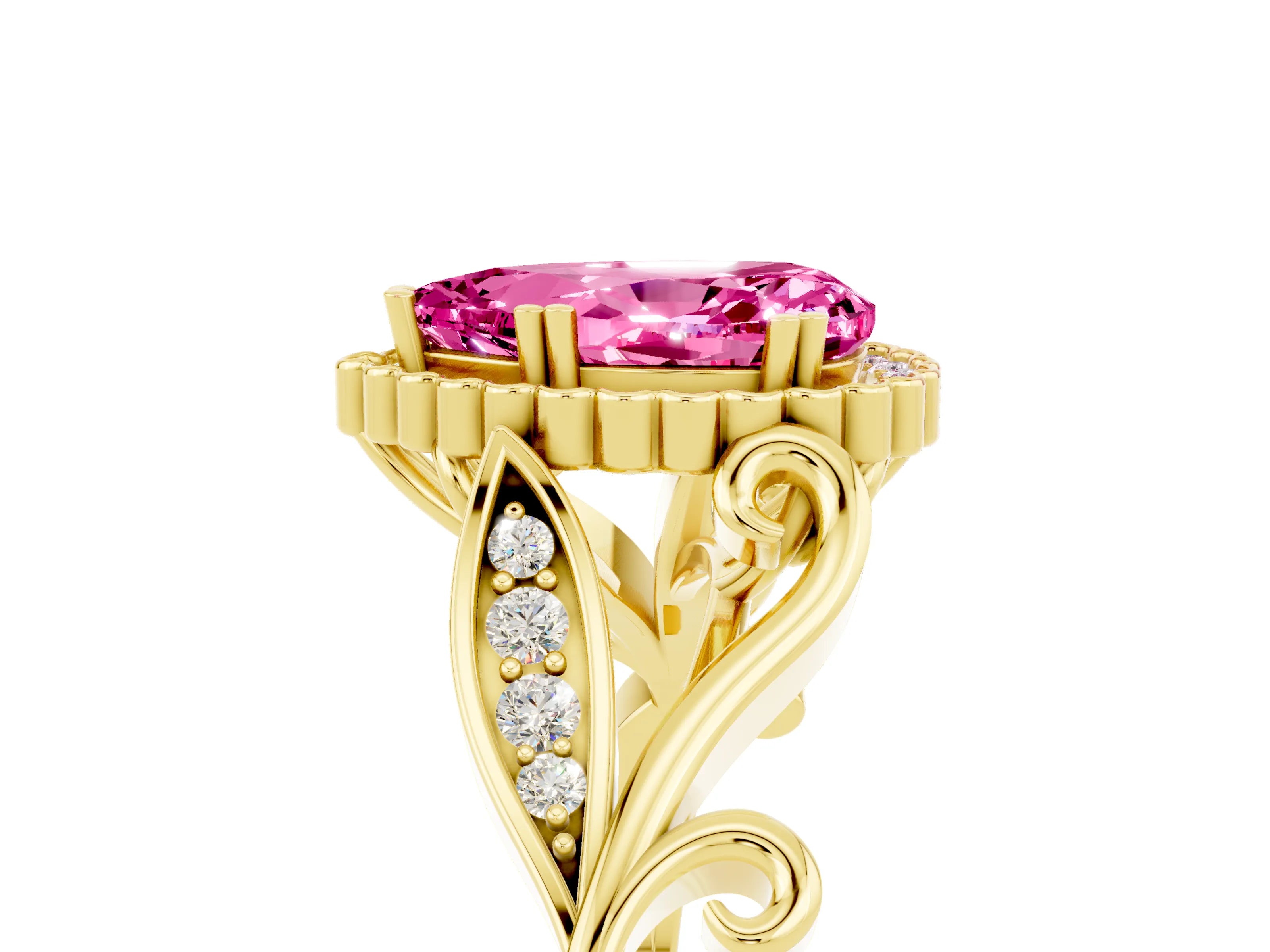Yellow gold Pear Cut Pink Sapphire Halo Ring with Vintage Split Shank and Four-Prong Setting_5