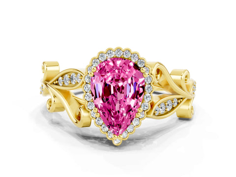 Yellow gold Pear Cut Pink Sapphire Halo Ring with Vintage Split Shank and Four-Prong Setting