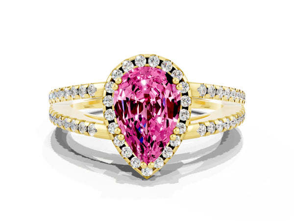 Yellow gold Pear Cut Pink Sapphire Halo Split Shank Engagement Ring