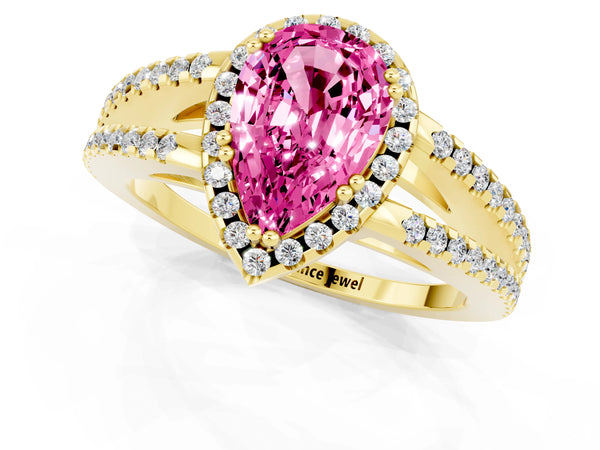 Yellow gold Pear Cut Pink Sapphire Halo Split Shank Engagement Ring