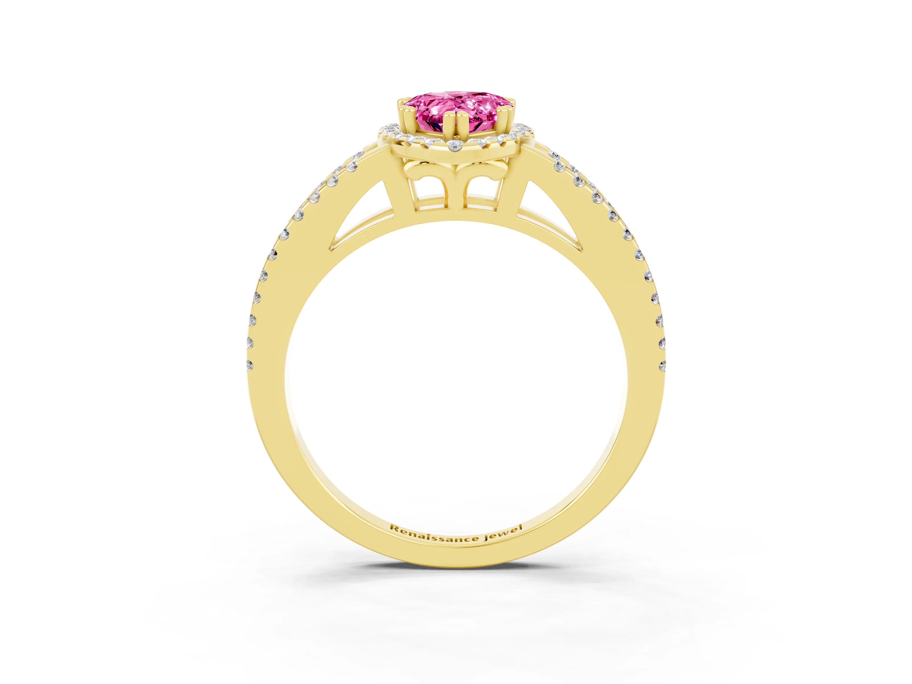 Yellow gold Pear Cut Pink Sapphire Halo Split Shank Engagement Ring_15