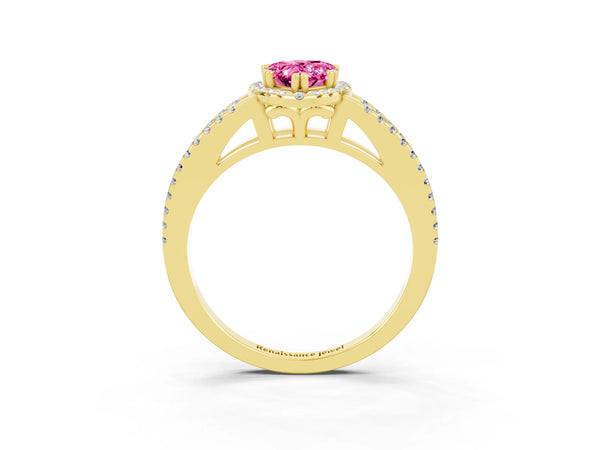 Yellow gold Pear Cut Pink Sapphire Halo Split Shank Engagement Ring