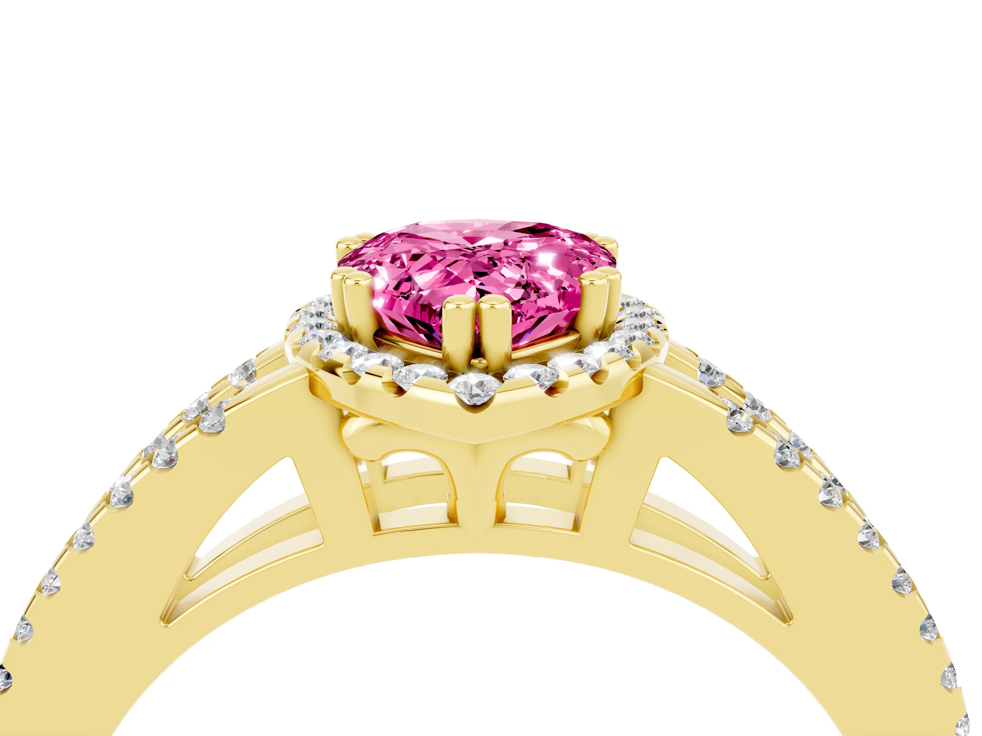 Yellow gold Pear Cut Pink Sapphire Halo Split Shank Engagement Ring_16