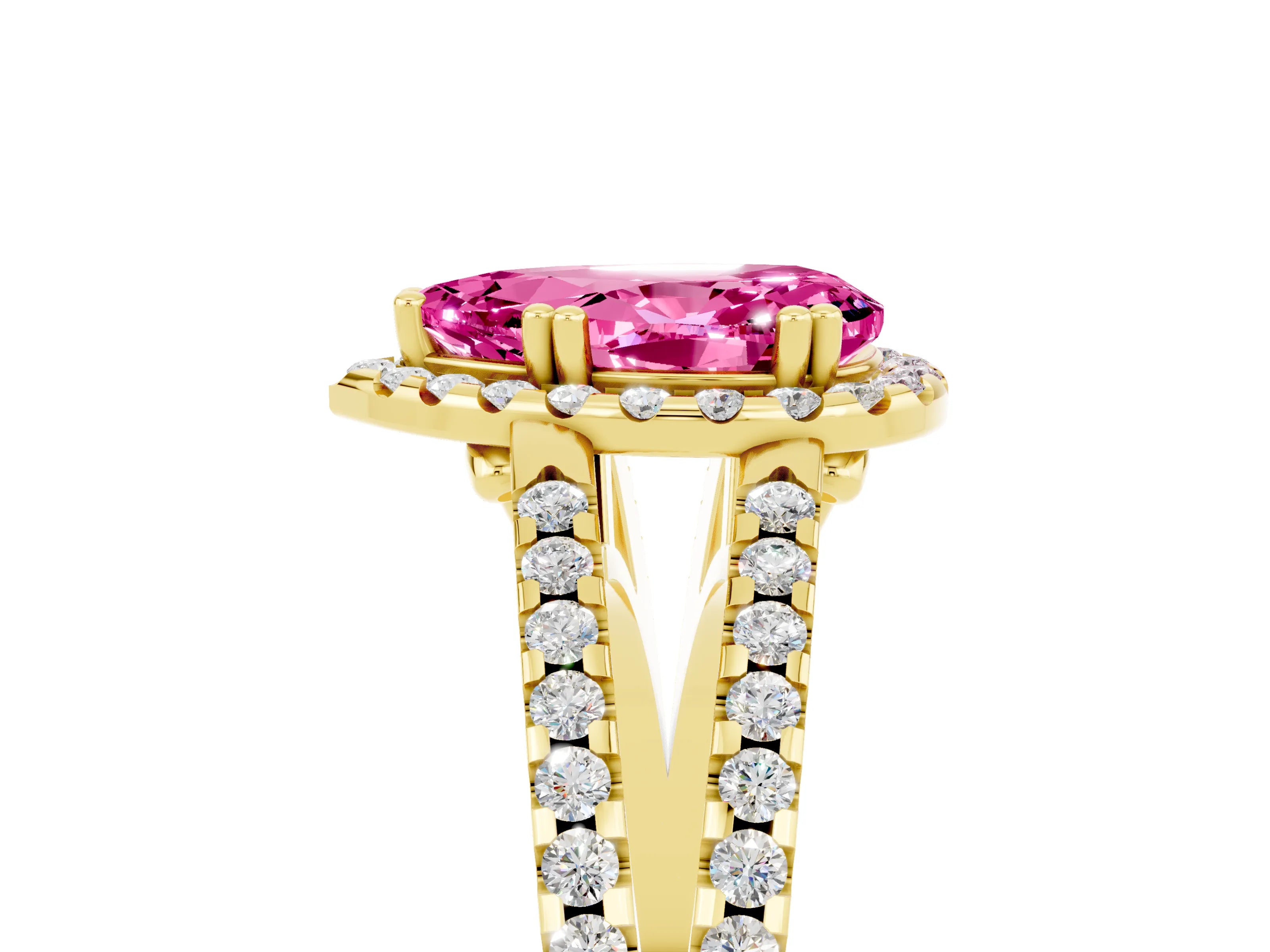 Yellow gold Pear Cut Pink Sapphire Halo Split Shank Engagement Ring_17