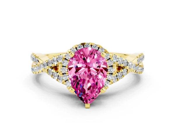 Yellow gold Pear Cut Pink Sapphire  Halo Twist Band Solitaire Prong Setting Ring