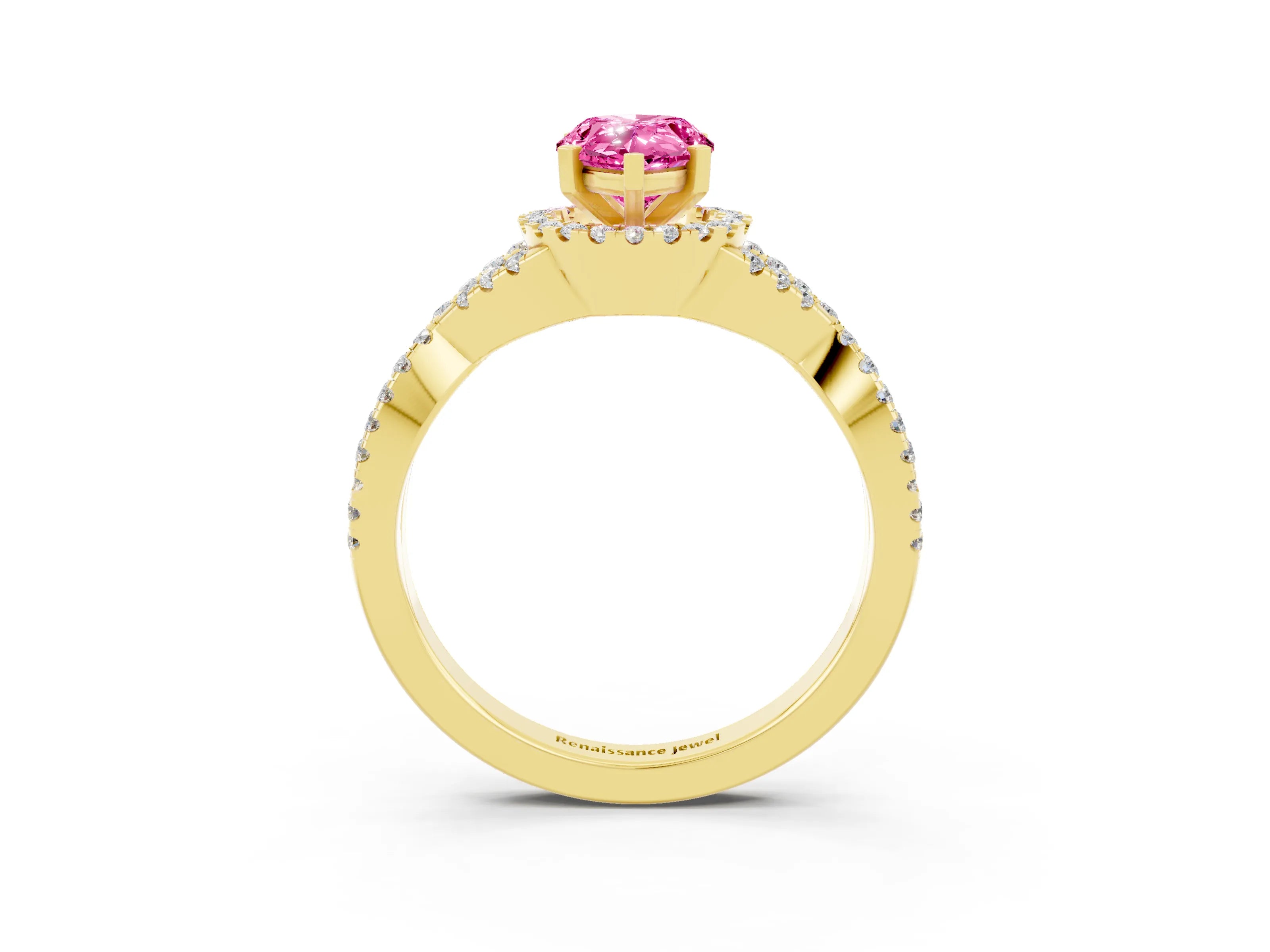 Yellow gold Pear Cut Pink Sapphire Halo Twist Band Solitaire Prong Setting Ring_27