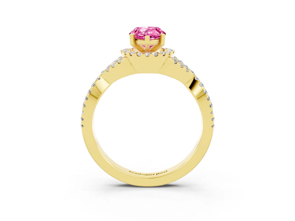 Yellow gold Pear Cut Pink Sapphire  Halo Twist Band Solitaire Prong Setting Ring