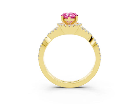Yellow gold Pear Cut Pink Sapphire Halo Twist Band Solitaire Prong Setting Ring_27